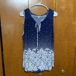 SJS- Navy Blue & White Sleeveless Printed Tie-Front Tank
